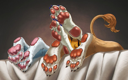 4_toes abstract_background anthro barefoot bed bed_sheet bedding blue_claws brown_claws claws countershade_feet countershade_fur countershading crossed_ankles crossed_feet feet feet_on_feet female flexed_foot foot_fetish foot_focus foot_shot fur furniture grey_body grey_fur group heel_pad lying male male/female on_back on_front orange_body orange_fur pawpads paws pink_pawpads plantigrade soles striped_body striped_fur stripes tail tail_tuft tan_body tan_fur toe_claws toes trio tuft white_body white_fur kartobes arya_winters karo_(karo-stella) stella_evans felid lion mammal pantherine tiger hi_res