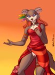 2020 amber_wind anthro beastars blue_eyes bracelet breast_grab breasts brown_body brown_fur canid canine canis cheek_tuft clothed clothing collar dancing digital_media_(artwork) dress exposure_variation facial_tuft feathers female fluffy_ears fondling fur genitals hand_on_breast hi_res jewelry juno_(beastars) low-angle_view makeup mammal nipple_outline one_shoulder_out pink_pussy portrait pussy red_clothing red_dress self_fondle side_slit side_slit_clothing side_slit_dress simple_background single_strap single_strap_clothing single_strap_dress solo standing three-quarter_portrait tuft upskirt wolf