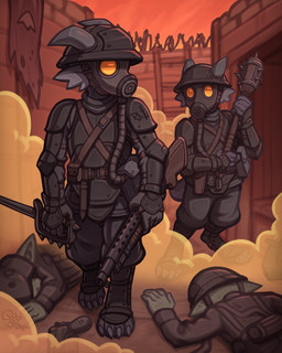 anthro armor barbed_wire bludgeon_(weapon) clothing corpse duo gas_mask gun headgear helmet horn knife mask military_uniform ranged_weapon shotgun trench uniform weapon goobone goblin kobold scalie 4:5 hi_res