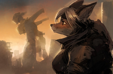 ambiguous_gender anthro anthro_focus biped black_nose blonde_hair breasts brown_clothing brown_eyes brown_topwear building clothed clothing coat day duo female female_focus fully_clothed fur hair larger_ambiguous larger_humanoid machine macro mecha monotone_hair multicolored_body multicolored_fur orange_body orange_fur ruins short_hair side_view size_difference sky smaller_anthro smaller_female snout solo_focus standing sunset topwear two_tone_body two_tone_fur white_body white_fur white_inner_ear morriperkele canid canine fox humanoid mammal robot robot_humanoid