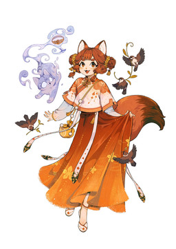 accessory asian_clothing bracelet brown_body brown_eyes brown_feathers chinese_clothing clothing east_asian_clothing empty_eyes fangs feathers female female_humanoid feral flying fur group hair hair_accessory hair_bun jewelry one_fang orange_body orange_fur orange_hair purple_body purple_fur purse simple_background smile teeth white_background juanmao1997 animal_humanoid avian bird canid canid_humanoid canine canine_humanoid domestic_cat felid feline felis fox_humanoid ghost humanoid mammal mammal_humanoid spirit 2021 digital_media_(artwork) hi_res