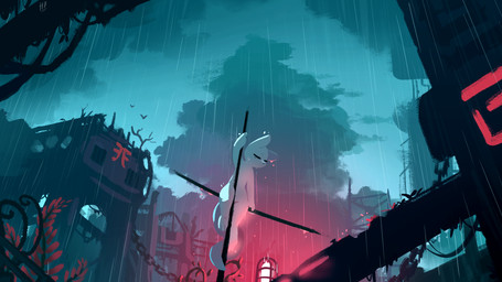 ambiguous_anthro ambiguous_gender anthro big_tail biped chain climbing cloud detailed_background eyes_closed feet front_view fur holding_melee_weapon holding_object holding_polearm holding_spear holding_weapon lamp light melee_weapon monotone_body monotone_fur outside plant polearm post-apocalyptic raining ruins sky solo spear tail tapering_tail weapon white_body white_ears white_fur white_tail hydrabb rain_world videocult survivor_(rain_world) ambient_flier mammal slugcat 16:9 2026 colored digital_media_(artwork) digital_painting_(artwork) hi_res lighting painting_(artwork) shaded signature widescreen