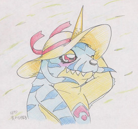 ambiguous_gender animal_skin anthro blush clothing hat headgear headwear horn ribbons simple_background solo sun_hat white_background wind tabasukotrr bandai_namco digimon digimon_(species) gabumon traditional_media_(artwork)