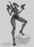 breasts female green_body gun high_heeled_feet holding_gun holding_object holding_ranged_weapon holding_weapon machine metallic_body not_furry ranged_weapon solo standing step_pose weapon johnfoxart star_wars b1_battle_droid battle_droid humanoid robot robot_humanoid 2023 colored_sketch full-length_portrait hi_res portrait sketch