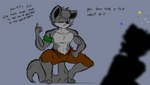 anthro clothed clothing dialogue duo eye_scar facial_scar female fur grey_body grey_fur hypnosis male male/female mind_control muscular muscular_anthro scar simple_background text davidthewolfx10 chloe_(iamaneagle) davilling_(davidthewolfx10) canid canine canis mammal wolf hi_res