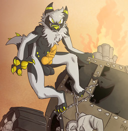 animal_genitalia animal_penis anthro balls biped black_body black_fur canine_genitalia canine_penis car claws digitigrade ear_markings erection fur genitals grin head_tuft knot male markings multicolored_body neck_tuft nude outside pawpads penis smile solo spiked_tail spikes spikes_(anatomy) tail teeth toe_claws tuft two_tone_body vehicle white_body white_fur yellow_eyes yellow_markings yellow_nose yellow_pawpads yellow_penis fuf mad_max canid canine canis mammal wolf 2019 hi_res