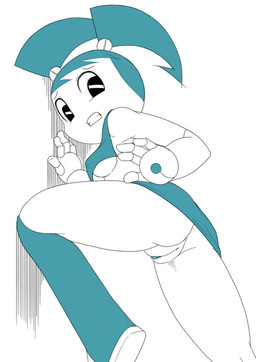 bare_arms bare_shoulders blue_hair breasts clenched_teeth clothed clothing female genitals hair leaning_on_wall looking_down machine nervous no_underwear not_furry one_leg_up raised_leg solo teeth twintails_(hairstyle) under_boob vulva white_body white_skin swordjaxa my_life_as_a_teenage_robot nickelodeon jenny_wakeman android humanoid robot