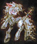 1_horn ambiguous_gender angry armor blonde_hair clenched_teeth curled_tail curly_hair feral fur grey_eyes hair horn knight knight_armor long_hair magic medieval melee_weapon plate_armor sparkles sword tail teeth telekinesis warrior weapon white_body white_fur yellow_tail p0nyplanet hasbro my_little_pony mythology unnamed_character equid equine mammal mythological_creature mythological_equine unicorn digital_media_(artwork) digital_painting_(artwork) hi_res painting_(artwork) watermark