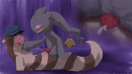 ambiguous_gender anthro barefoot big_head blue_eyes blush butt close-up clothing cowgirl_position doll duo erection feet from_front_position fur genitals glowing glowing_eyes hat headgear headwear hypnosis looking_down looking_up lying male male/ambiguous mind_control nude on_back on_bottom on_ground on_top open_mouth penis pink_eyes sex sitting smile tongue tongue_out jackerwobb nintendo pokemon fan_character banette furret generation_2_pokemon generation_3_pokemon ghost mammal mustelid pokemon_(species) spirit 16:9 4k absurd_res hi_res widescreen