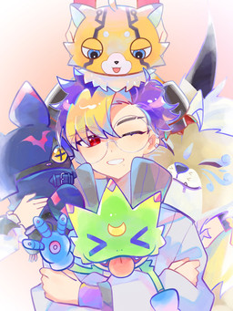 anthro black_body black_fur blue_eyes blush brown_body brown_fur female feral fur group hair hug male multicolored_hair one_eye_closed orange_body orange_fur red_eyes smile yellow_eyes mar22826683 bandai_namco digimon digimon_beatbreak tomoro_tenma chiropmon cougarmon digimon_(species) gekkomon human mammal pristimon hi_res