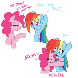 blue_body blue_feathers blue_fur dialogue duo eyes_closed feathered_wings feathers female fur hair hug multicolored_hair pink_body pink_eyes pink_fur pink_hair rainbow_hair simple_background text white_background wings reikomuffin friendship_is_magic hasbro my_little_pony mythology pinkie_pie_(mlp) rainbow_dash_(mlp) earth_pony equid equine horse mammal mythological_creature mythological_equine pegasus pony 1:1 2012 english_text