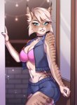 anthro athletic athletic_female bedroom_eyes bite biting_lip bottomwear bra breasts choker cleavage clothed clothing denim denim_bottomwear denim_clothing denim_shorts dolphin_shorts female jean_vest jewelry looking_at_viewer narrowed_eyes necklace pose seductive shorts solo underwear gekko-seishin tammy_rys felid feline lynx mammal 2022 hi_res pinup