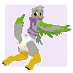 ageplay anthro beak bodily_fluids bow_accessory bow_ribbon clothed clothing diaper feathered_wings feathers genital_fluids infantilism looking_at_viewer male object_in_mouth pacifier pacifier_in_mouth roleplay solo unclean_diaper urine used_diaper watersports wearing_diaper wet_diaper wetting wings paddedwuff gwenwyn avian bird myiopsitta_(genus) 1:1 2022 digital_media_(artwork) hi_res
