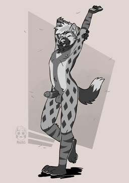 anthro blep cheek_tuft circumcised circumcision_scar erection facial_tuft femboy fluffy fluffy_hair fluffy_tail fur genital_scar genitals hair humanoid_genitalia humanoid_penis male markings neck_tuft one_eye_closed penis presenting scar solo spots spotted_body spotted_fur stretching stretching_arms tail teasing tongue tongue_out tuft wink nugitos oliver_(xylious) hyena mammal spotted_hyena absurd_res hi_res
