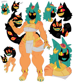 3_eyes anthro duo female feral gem glowing glowing_eyes green_hair hair jewelry multi_eye sharp_teeth smile tail tail_mouth teeth teeth_showing unusual_anatomy unusual_tail hanaarts iret_(hanaarts) osiris_(hanaarts) domestic_cat felid feline felis mammal hi_res model_sheet