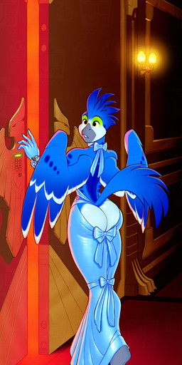 anthro blue_body blue_feathers bow_ribbon bubble_butt butt clothing cocktail_dress corsage darkness dim_lighting door double_door dress eyeshadow feathers female hallway inside keypad makeup open-butt_dress red_light short_female small_waist solo tail tail_feathers tight_clothing tight_dress wide_hips wings juxtapex avian bird blue_jay cockatoo corvid hybrid jay_(bird) new_world_jay oscine parrot passerine absurd_res hi_res