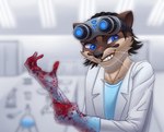 black_hair blood blood_on_hand blue_eyes bodily_fluids brown_body brown_fur clothing coat doctor_cobalt_(li'l_melon) eyewear eyewear_on_head flaviomodezto fur glove_snap gloves goggles goggles_on_head hair handwear hi_res lab_coat male mammal medical_gloves mustelid otter smile smirk solo strays_in_paradise topwear