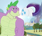 aged_up anthro big_butt butt cutie_mark duo female feral fur green_eyes huge_butt male male/female muscular muscular_male ponyville purple_body purple_tail smile tail thinking vein veiny_muscles white_body white_fur cafe-grimful friendship_is_magic gigachad hasbro my_little_pony mythology rarity_(mlp) spike_(mlp) dragon equid equine horse mammal mythological_creature mythological_scalie pony scalie