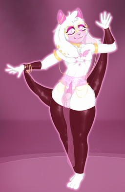alternate_costume animal_genitalia anthro arm_tuft armwear aroused aura ball_tuft balls barefoot blush bottomwear cheek_tuft chest_markings chest_tattoo chest_tuft clothed clothing confident cuff_(restraint) dancer_outfit dancing delta_rune_(emblem) ear_piercing ear_tuft eyelashes eyeliner eyeshadow eyewear facial_tuft feet femboy fluffy fur genitals glasses glistening glistening_clothing glistening_eyes glowing glowing_eyes glowing_markings glowing_outline gold_(metal) harem_outfit head_tuft heart_eyes heart_symbol highlights_(coloring) horn ineffective_clothing leg_tuft loincloth long_ears long_eyelashes makeup male markings metal metal_cuffs navel outline penis penis_poking_out penis_tip piercing pink_clothing pink_eyes pink_horn pink_markings pink_pubes pink_tongue pubes pupils red_clothing red_eyeliner red_eyeshadow restraints sheath shoulder_tuft small_waist smile smug smug_face smug_grin solo sparkles sparkling_clothing sparkling_eyeshadow squish stage stage_lights symbol tattoo thick_thighs thigh_squish tight_clothing tongue tongue_out translucent translucent_clothing tuft white_body white_fur white_pupils womb_tattoo cereshinu deltarune undertale_(series) ralsei bovid caprine goat humanoid mammal hi_res shaded signature