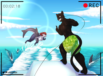 anthro bikini boat camera_hud camera_view clothing cloud female fish_hook gesture group hand_gesture hook male sea shark_fin sharp_teeth swimming_pool swimwear teeth thumbs_up two-piece_swimsuit vehicle water watercraft viola_bat aquatic felid feline fish mammal pantherine shark absurd_res hi_res