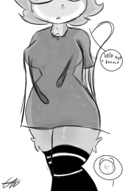 anthro breasts clothing cutaway dialogue expression_cutaway eyewear female footwear glasses hair knee_highs knee_socks legwear medium_breasts offscreen_character socks solo speech_bubble standing translucent translucent_clothing namelessseal katty_namelessseal domestic_cat felid feline felis mammal monochrome signature
