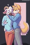 anthro anthro_on_anthro blush bulge clothed clothes_play clothes_sex clothing confusion duo erection fully_clothed fur genitals hand_in_pocket hand_on_cheek hand_on_face hand_on_hip hug interspecies kissing male male/male multicolored_body multicolored_fur pajamas penis penis_in_pocket penis_poking_out penis_through_fly pockets question_mark standing surprise tight_clothing two_tone_body two_tone_fur white_body white_fur yellow_body yellow_fur mothandpodiatrist bovid canid canine canis caprine domestic_dog husky_inu mammal sheep hi_res