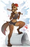 amber_eyes anthro baseball_bat bat_(object) bottomwear brown_body brown_fur clothing ear_piercing female fur grin piercing red_body red_fur shorts sleeveless_shirt smile solo spots tan_body tan_fur yakovlev-vad riley_(beleynn) hyena mammal spotted_hyena absurd_res hi_res