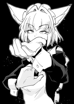 animal_ears bent_arm black_background bracelet clothing female female_humanoid fighting_pose gloves hair hair_between_eyes handwear imminent_fight jewelry maid_apron maid_headdress maid_uniform pose short_hair simple_background uniform sakifox wolf_maid animal_humanoid canid canid_humanoid canine canine_humanoid humanoid mammal mammal_humanoid wolf_humanoid half-length_portrait hi_res monochrome portrait
