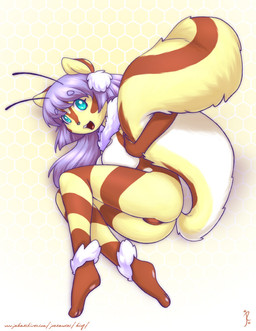 antennae_(anatomy) anthro blue_eyes breasts butt female fur genitals grabbing gradient_background hair happy holding_tail looking_at_viewer multicolored_tail nude open_mouth pattern_background presenting presenting_hindquarters purple_hair side_boob simple_background solo striped_body striped_fur stripes tail vulva joe_randel lily_(luckypan) arthropod bee hybrid hymenopteran insect mammal rodent sciurid tree_squirrel 2011