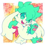 3_fingers 3_toes ambiguous_gender anthro blue_nose collar cute_fangs extyrannomon_(artist) fangs feet fingers flower generation_4_pokemon green_eyes green_hair hair legendary_pokemon looking_at_viewer nintendo open_mouth pawpads paws plant pokemon pokemon_(species) shaymin simple_background sky_forme_shaymin solo teeth toes tongue