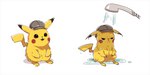 ambiguous_gender annoyed clothing feral fur hat hat_only headgear headgear_only headwear headwear_only mostly_nude open_mouth open_smile semi-anthro shower_head simple_background smile solo water wet white_background yellow_body yellow_fur ssalbulre nintendo pokemon detective_pikachu generation_1_pokemon pikachu pokemon_(species) 2:1