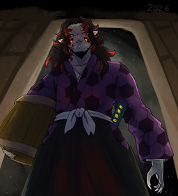 asian_clothing black_hair bottomwear breath claws clothing east_asian_clothing hair hakama heart_eyes heart_symbol japanese_clothing kimono looking_down male markings melee_weapon multi_eye night pointy_ears pupils purple_clothing purple_kimono red_hair red_markings red_sclera slit_pupils solo sword vein weapon yellow_eyes yellow_sclera puppetmaster13uwu demon_slayer kimetsu_no_yaiba kokushibo_(demon_slayer) demon humanoid cel_shading shaded