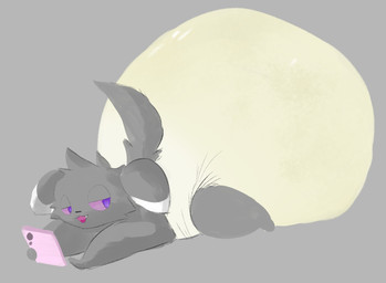 ambiguous_gender anthro big_diaper black_nose bodily_fluids clothed clothing diaper diaper_only dipstick_ears ear_markings electronics featureless_feet featureless_hands feet fur genital_fluids grey_background grey_body grey_ears grey_eyelids grey_fur grey_tail half-closed_eyes holding_object holding_phone huge_diaper looking_back lying markings multicolored_body multicolored_ears multicolored_fur narrowed_eyes on_front open_mouth open_smile phone pink_phone purple_sclera simple_background smile snaggle_tooth solo tail three-quarter_view topless two_tone_body two_tone_fur unclean_diaper urine used_diaper wearing_diaper wet_diaper white_body white_ear_tips white_fur onesydoo_(artist) nintendo pokemon espurr generation_6_pokemon pokemon_(species) 2025 full-length_portrait hi_res portrait