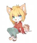 4_toes anthro barefoot biped blonde_hair blue_eyes chibi feet female green_eyes hair heterochromia orange_nose simple_background sitting solo toes white_background rikitoka canid canine canis domestic_dog mammal hi_res