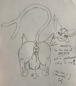 animal_genitalia animal_vulva anus ass_up blush bodily_fluids butt canine_genitalia canine_vulva cheek_tuft cross-popping_vein dripping facial_tuft female feral forehead_gem forked_tail frustrated fur gem genital_fluids genitals impregnation_request multi_nipple nipples presenting presenting_hindquarters presenting_vulva rear_view requesting sex_request solo tail text tuft unusual_anatomy unusual_tail vaginal_fluids vulva errsoe_(artist) nintendo pokemon eeveelution espeon generation_2_pokemon pokemon_(species) absurd_res graphite_(artwork) hi_res monochrome sketch traditional_media_(artwork)