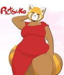 abstract_background amber_eyes anthro belly big_belly big_breasts big_tail black_nose breasts brown_body brown_tail clothing dress ear_tuft eyebrows female hand_behind_head hand_on_leg looking_at_viewer markings navel_outline one_eye_closed orange_tail overweight overweight_anthro overweight_female red_clothing red_dress smile smiling_at_viewer solo standing striped_markings striped_tail stripes tail tail_markings tail_tuft text thick_thighs tuft white_eyebrows kevhypep aggretsuko sanrio retsuko ailurid mammal red_panda 2025 character_name digital_media_(artwork) hi_res