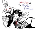 ambiguous_gender anthro clothing collar fishnet_clothing group happy hug human_on_anthro interspecies male male/ambiguous nuzzling what ride6 don't_starve klei_entertainment bunnyman_(don't_starve) wilson_percival_higgsbury human lagomorph leporid mammal rabbit