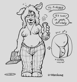 anthro areola balls barefoot big_areola bong clothed clothing cutaway drugs dvd feet flaccid foreskin freckles genitals gynomorph hair intersex jewelry long_hair navel necklace pajama_pants pajamas penis potbelly smile solo speech_bubble stoned substance_intoxication topless woozy critterdome canid canine canis domestic_dog mammal cover dvd_cover hi_res monochrome trans_(lore) trans_woman_(lore)