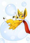 5_toes blue_eyes bubble butt digitigrade eyewear eyewear_on_head featureless_crotch feet feral floating goggles goggles_on_head hindpaw kemono lying male on_back pawpads paws scarf simple_background solo three-quarter_view toes kampidh nintendo pokemon shrike_alvaron eeveelution generation_1_pokemon jolteon pokemon_(species) 2019 absurd_res hi_res