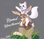 blush clothing duo eyewear glasses grass heart_symbol kemono male plant scarf shirt text topwear senz heartbound lyricwulf ramul_(heartbound) canid canine canis lagomorph leporid mammal rabbit wolf hi_res url