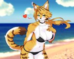 anthro beach bikini blush breasts brown_body brown_fur choker clothing female fur green_eyes jewelry necklace sand solo swimwear tail two-piece_swimsuit white_body white_fur yellow_body yellow_fur mkwolf2022 mihoyo zenless_zone_zero pulchra_fellini mammal