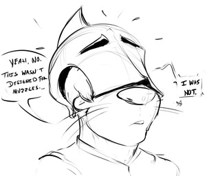 ambiguous_gender anthro armor bodily_fluids clothed clothed_male clothing dialogue duo frown fur hair headgear helmet humor male nervous simple_background speech_bubble sweat text whiskers pandottermon mammal mustelid otter 2026 black_and_white english_text guide_lines hi_res monochrome