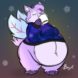 anthro belly beverage big_belly clothing coffee coffee_mug cosmic_jacket fur hooves horn huge_belly huge_thighs jacket male purple_body purple_fur purple_horn simple_background snowflake solo text thick_thighs topwear wings bunearyk neopets eros_faelix faerie_neopet ixi_(neopets) neopet_(species) 1:1 2023 digital_media_(artwork) english_text hi_res story story_in_description