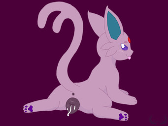 animal_genitalia animal_vulva anus blep blue_inner_ear bodily_fluids canine_genitalia canine_vulva cum cum_drip cum_in_vagina cum_inside cum_on_vulva dripping female feral flashing flashing_pussy fur gem genital_fluids genitals looking_at_viewer looking_back lying magenta_background on_front pink_body pink_fluff pink_fur pink_tail purple_eyes purple_paws red_gem red_gem_in_body red_gemstone revealing_anus revealing_pussy shadow smile solo spreading tail tongue tongue_out vulva mettdesign_(artist) nintendo pokemon eeveelution espeon generation_2_pokemon pokemon_(species) hi_res watermark