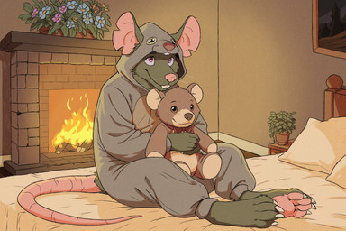 bed buckteeth claws clothing detailed_background eyebrows feet fireplace fur furniture green_body green_fur holding_object holding_plushie holding_teddy_bear looking_offscreen male notched_ear on_bed onesie pajamas pawpads pink_eyes plant plushie rat_tail solo tail teddy_bear teeth toes galio69 league_of_legends riot_games tencent twitch_(lol) mammal murid murine rat rodent 2025 hi_res