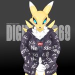 blue_eyes breasts clothing female humor jacket neck_tuft shirt simple_background solo text text_on_clothing text_on_jacket text_on_shirt text_on_topwear topwear tuft mxmx bandai_namco digimon drip_(meme) goku_drip meme_clothing supreme the_north_face canid digimon_(species) mammal renamon 1:1 absurd_res digital_media_(artwork) english_text hi_res meme