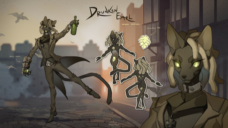anthro belt biped black_body black_eyebrows black_nose black_skin black_tail bottle bottomwear brown_bottomwear brown_clothing brown_pants brown_topwear building clothed clothing coat container detailed_background dreadlocks eyebrows footwear fully_clothed glowing glowing_eyes grey_hair hair hairless holding_bottle holding_container holding_object long_hair looking_at_viewer male medal nude on_one_leg one_eye_closed outside pants shoes sky solo standing street tail text topwear wink yellow_eyes irdeorum drunken_earl domestic_cat felid feline felis hairless_cat mammal sphynx_(cat) 16:9 2018 character_name digital_media_(artwork) model_sheet widescreen