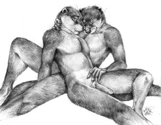 anthro claws cuddling duo erection eyes_closed finger_claws fur genitals hand_on_neck male male/male nude nude_anthro nude_male nuzzling penis romantic romantic_couple simple_background sitting whiskers white_background blotch scratches_volume_5 mammal mustelid otter 2011 monochrome traditional_media_(artwork)