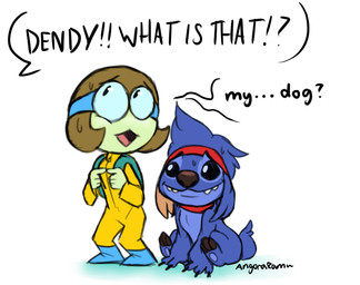 3_toes accessory alternate_species ambiguous_gender anthro backpack black_eyes blue_body blue_fur bodily_fluids brown_hair brown_nose claws clothed clothing collar dialogue duo eyebrows eyewear feet fur goggles hair headband jumpsuit looking_up nervous open_mouth raised_inner_eyebrows simple_background smile sweat text toes white_background angoraram asian_mythology cartoon_network disney east_asian_mythology japanese_mythology lilo_and_stitch mythology ok_k.o.!_let's_be_heroes dendy_(ok_k.o.!_lbh) kaio_kincaid alien experiment_(lilo_and_stitch) kappa yokai 2018 colored_sketch crossover digital_drawing_(artwork) digital_media_(artwork) english_text signature sketch