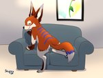 ambiguous_gender detailed_background fur furniture inside looking_at_viewer looking_back multicolored_body multicolored_fur on_sofa presenting sofa solo stripes tongue tongue_out scuzzyfox sol_(luvdiz) dipodid jerboa mammal rodent 2021 4:3 absurd_res hi_res signature male_(lore)